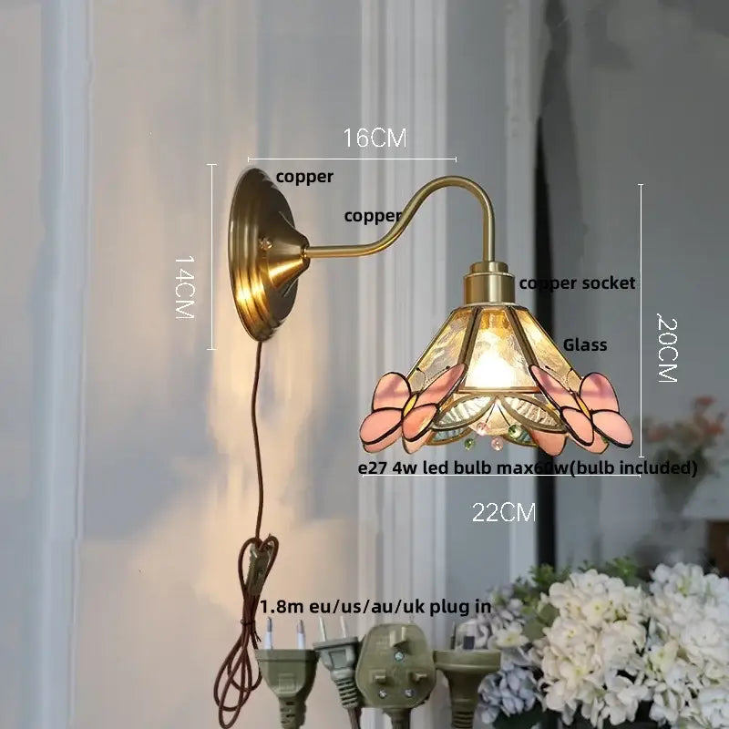 Vintage brass wall sconce with decorbites amber glass butterfly design and included led bulb for bedroom vanity light