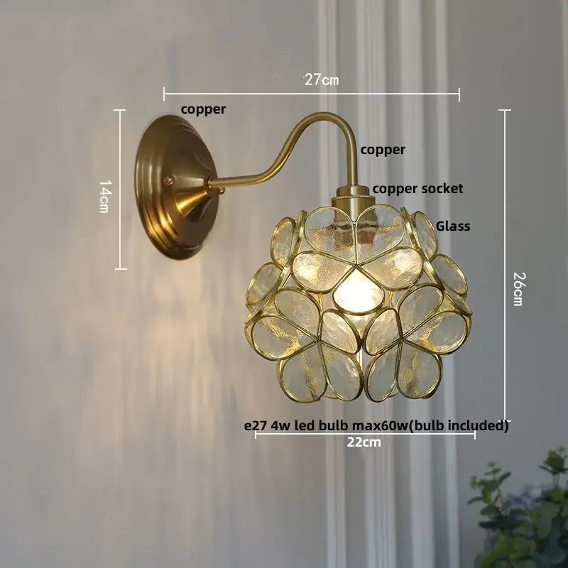 Vintage brass wall sconce with decorbites amber glass flower cluster design for bedroom vanity lighting