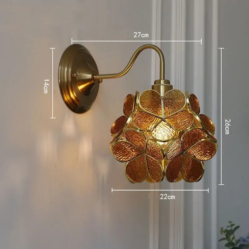 Vintage brass and decorbites amber glass wall sconce with floral design amber glass panels for bedroom vanity light decor