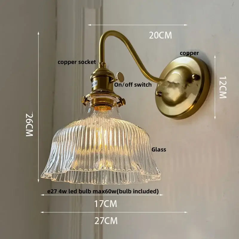 Vintage brass wall sconce with decorbites amber glass ribbed shade for bedroom vanity lighting and amber glass wall decor