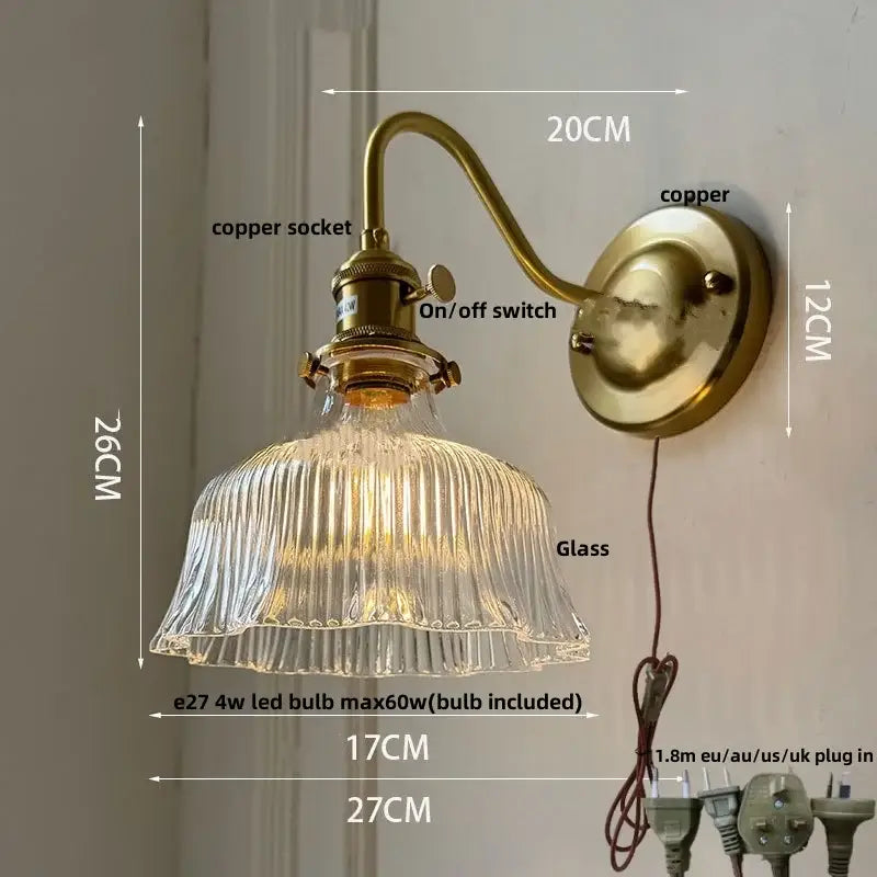 Vintage brass wall sconce with ribbed decorbites amber glass shade for bedroom vanity amber glass wall lighting