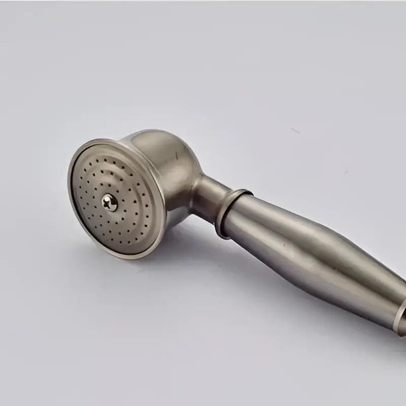 Stainless steel hand shower head with sleek brushed finish and rounded nozzle in vintage brass and bronze faucet set