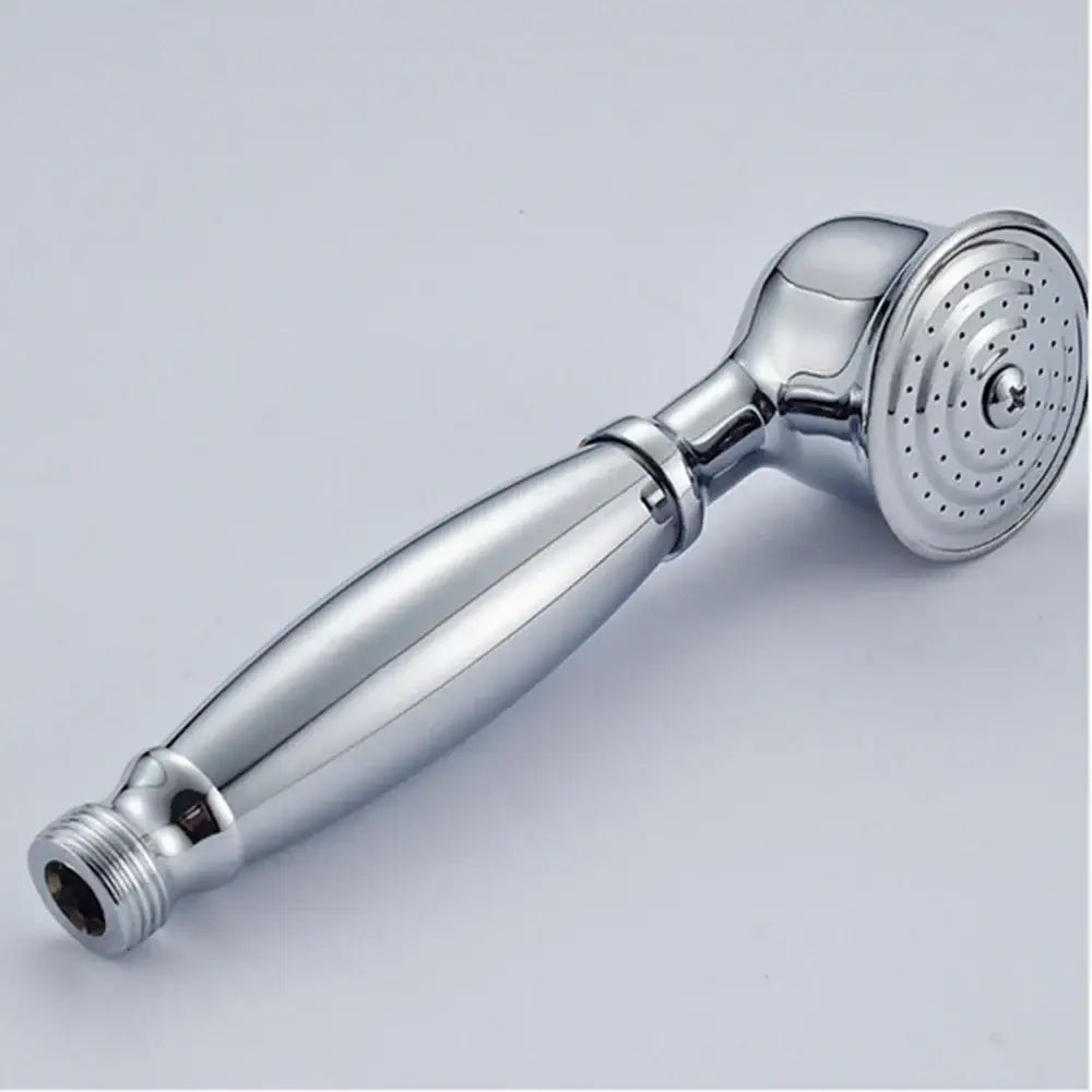 Chrome-finished hand shower head faucet set with sleek elongated handle and circular perforated spray face for bathroom use