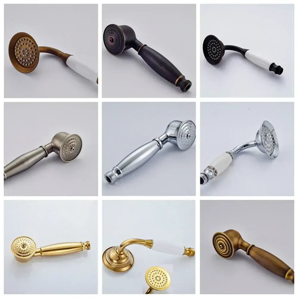 A vintage brass and bronze hand shower head faucet set with various finishes including ceramic handles for bathroom use