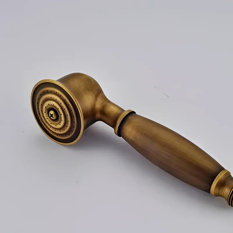 Antique brass hand shower head with textured circular spray face and wooden-finish handle in vintage faucet set