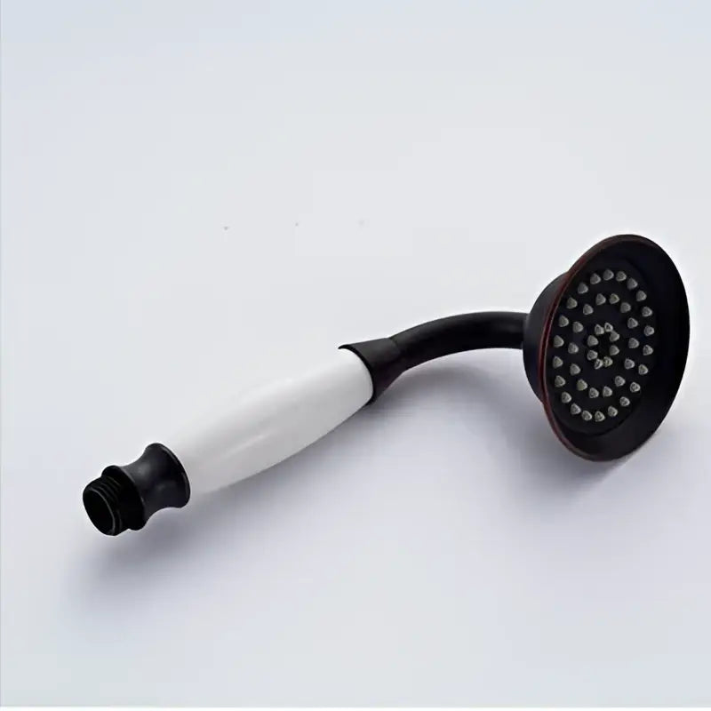 Black and white vintage brass and bronze hand shower head faucet set with curved handle and multiple spray nozzles
