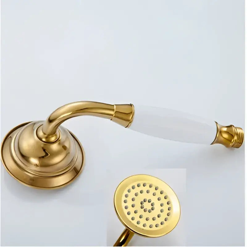 Gold-colored flexible metal shower hose with ribbed texture and brass fittings for vintage brass and bronze hand shower head faucet set
