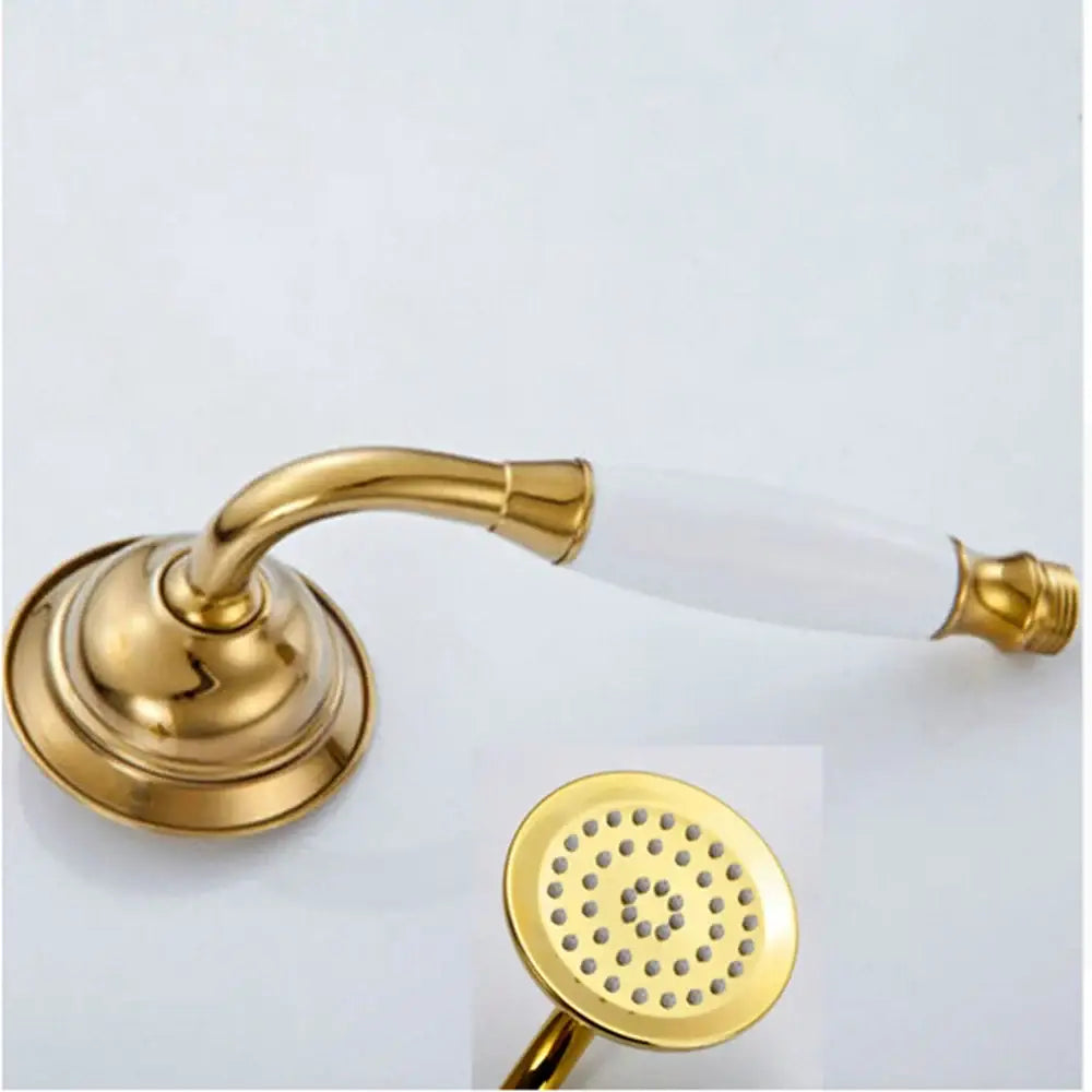 Gold-finished hand shower head with curved handle and white ceramic grip in vintage brass and bronze shower head faucet set