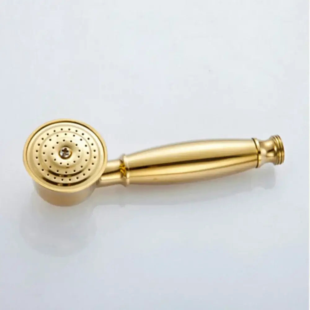 Gold-colored vintage brass hand shower head faucet set with polished metallic finish and circular multi-nozzle spray face