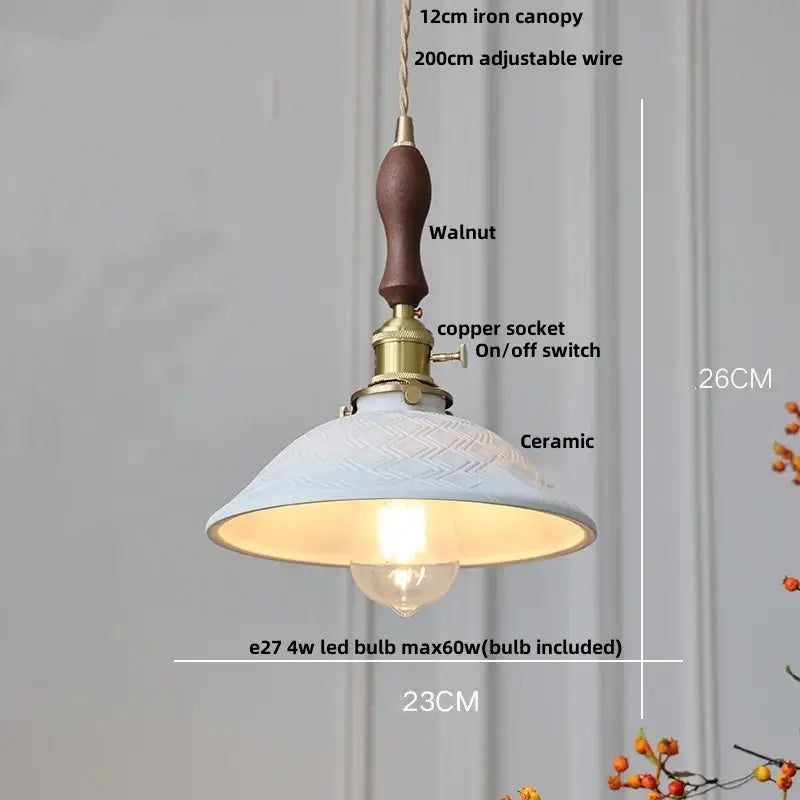Vintage brass and ceramic led pendant light with walnut iron canopy copper ceramic led socket and embossed white shade