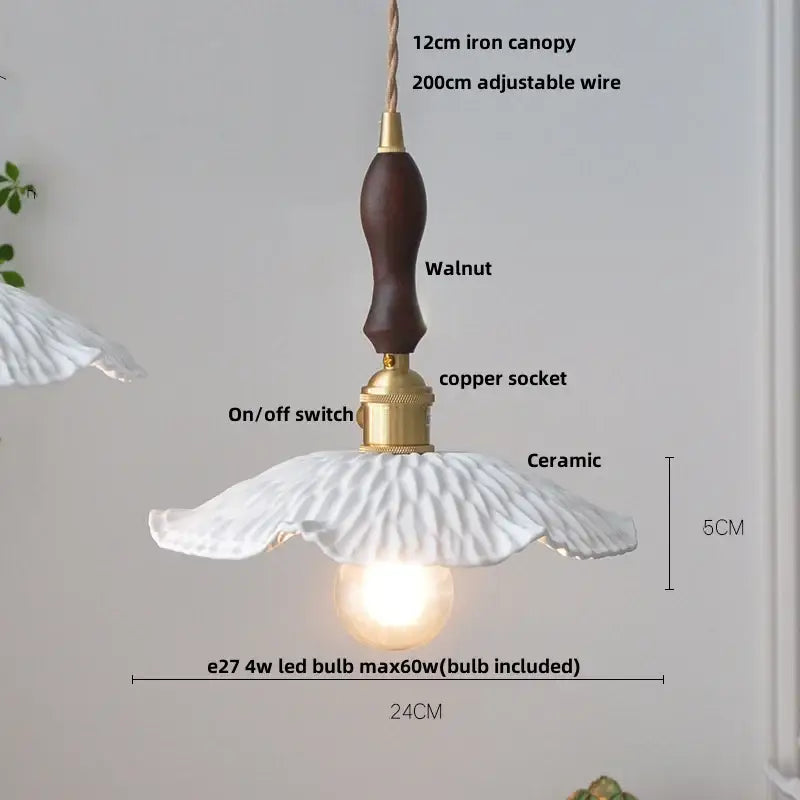Vintage brass and ceramic led pendant light with white flower-shaped ceramic shade and dark walnut wooden handle decorbites copper ceramic