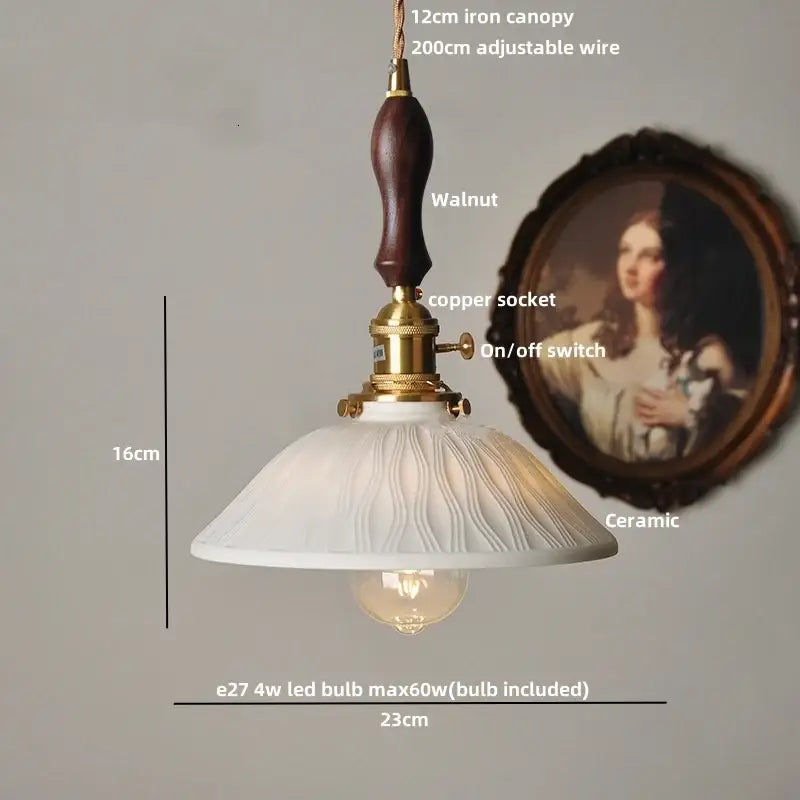 Vintage brass and ceramic led pendant light with white ceramic shade walnut iron canopy and brass accents decorbites copper ceramic