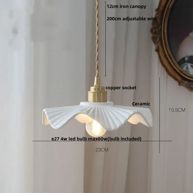 White ceramic pendant light with fluted petal design and brass accents for vintage copper ceramic led decorbites pendant light