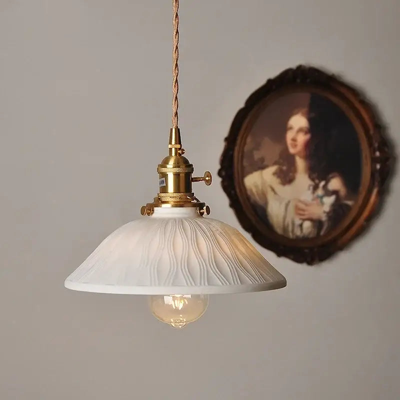 Vintage brass and ceramic led pendant light with white ceramic shade and twisted cord for kitchen decorbites copper ceramic