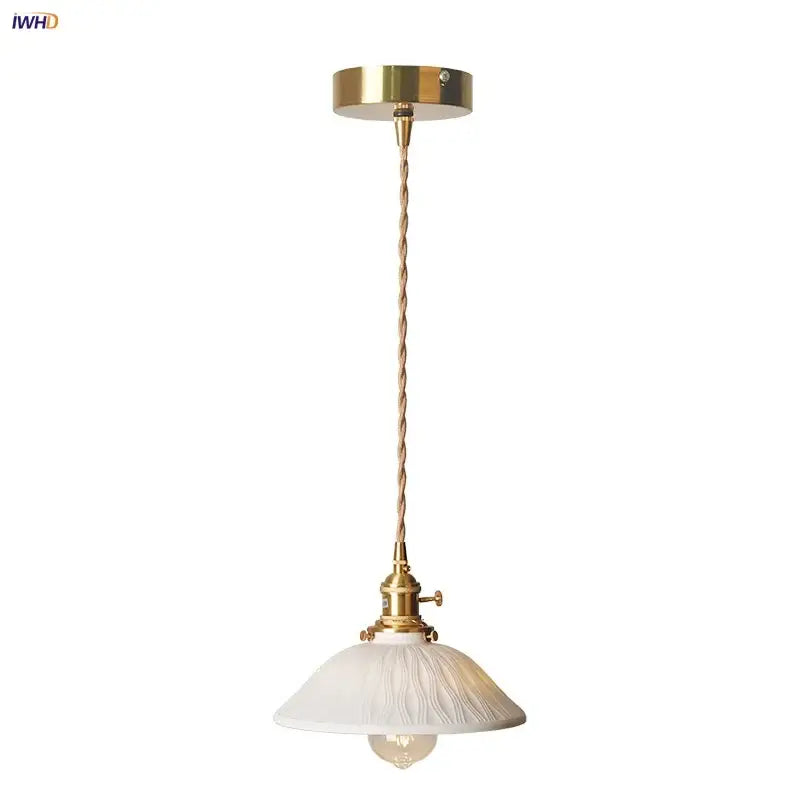 Vintage brass and ceramic led pendant light with off-white textured glass shade and twisted cord for kitchen decorbites copper ceramic led