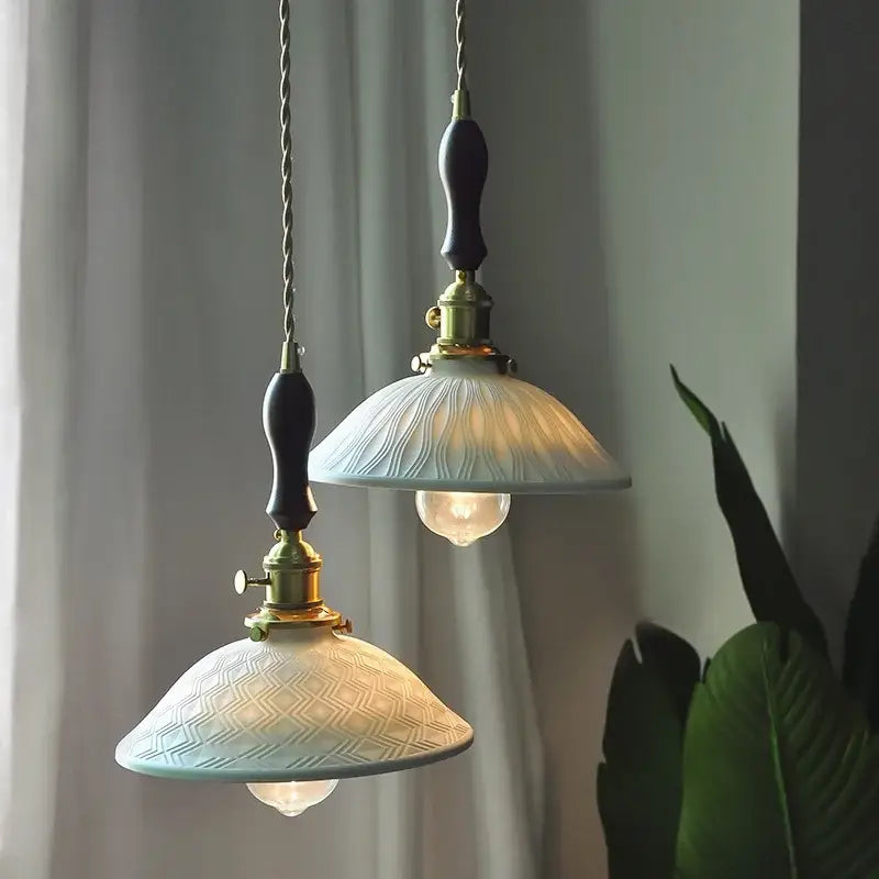 Two vintage brass and ceramic led pendant lights with frosted glass and dark wooden handles for kitchen decorbites copper ceramic lighting