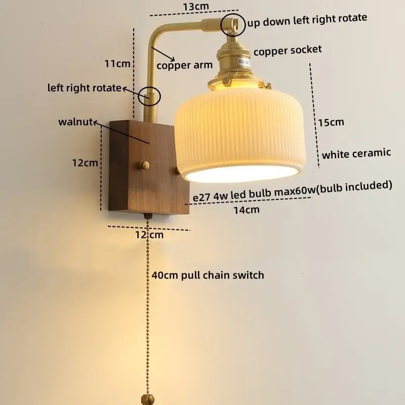 Vintage brass and ceramic led wall lights with pull chain sconce featuring walnut wood base for bedroom use