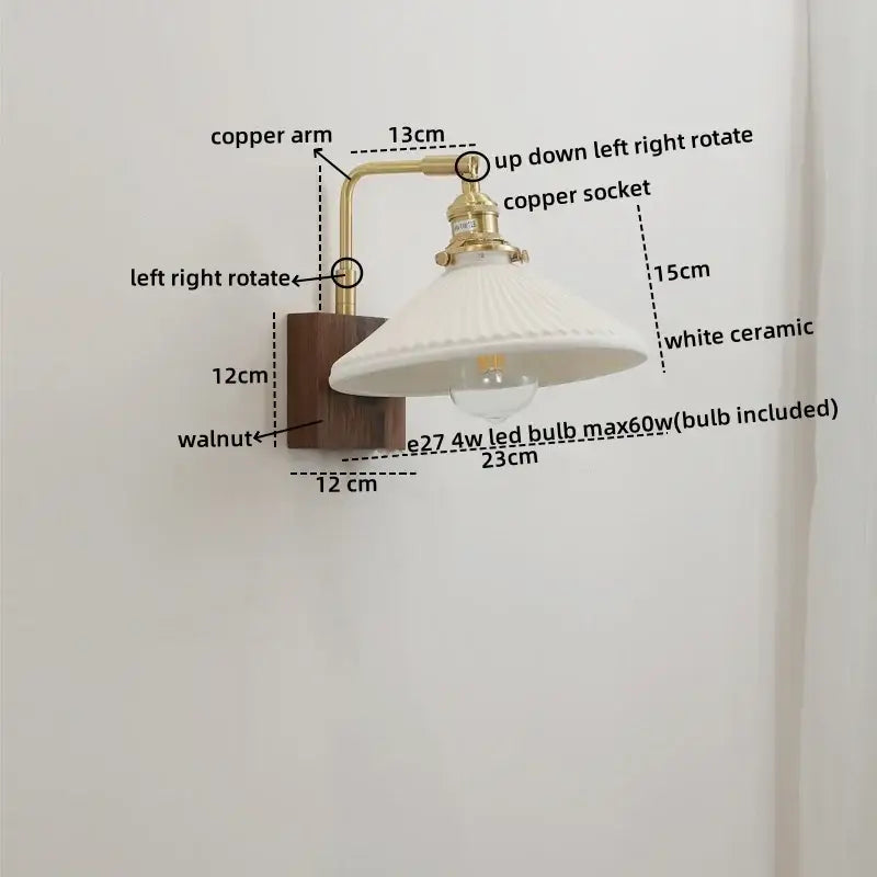 Vintage brass and ceramic led wall light with walnut base and white ceramic shade for bedroom wall lights pull chain sconce