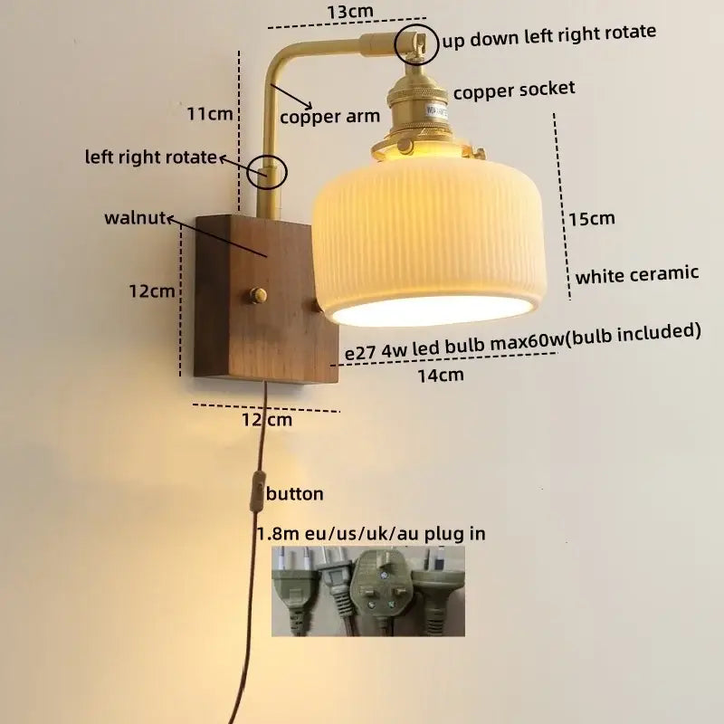 A vintage brass and ceramic led wall light with a white ridged ceramic shade and walnut wood base for bedroom use