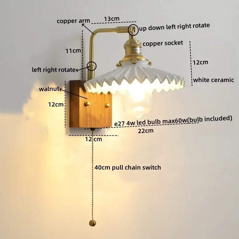 Vintage brass and ceramic led wall lights featuring a white scalloped ceramic shade and walnut wood base for bedroom use