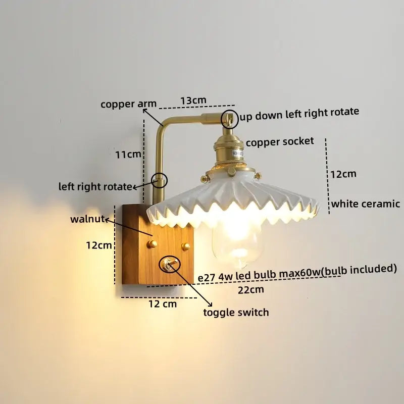 Vintage brass and ceramic led wall lights with walnut wood base and pull chain sconce for bedroom lighting