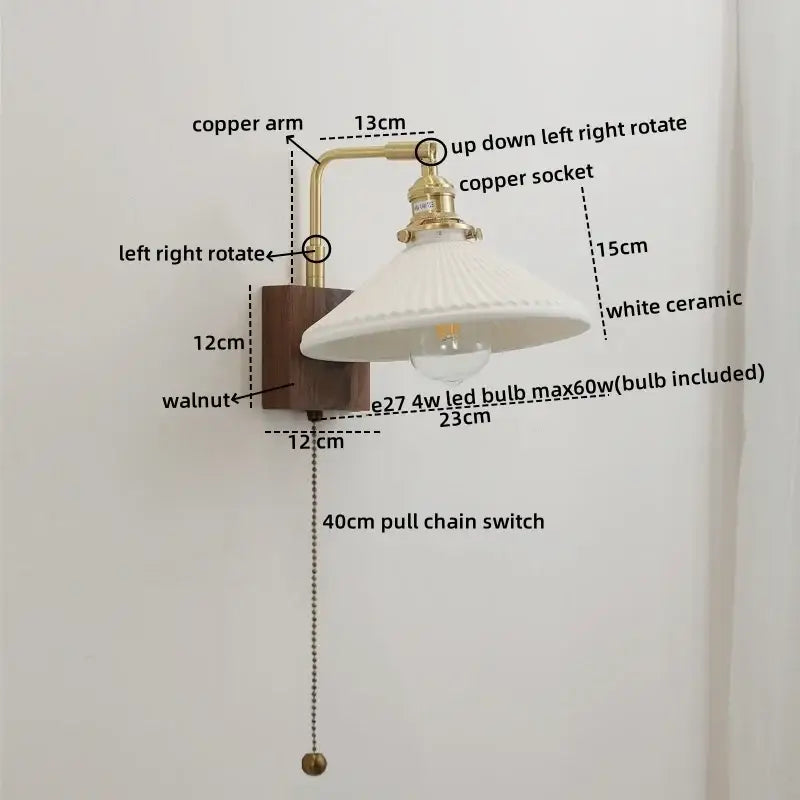 Vintage brass and ceramic led wall lights with a pull chain sconce featuring a walnut wood base and white ceramic shade
