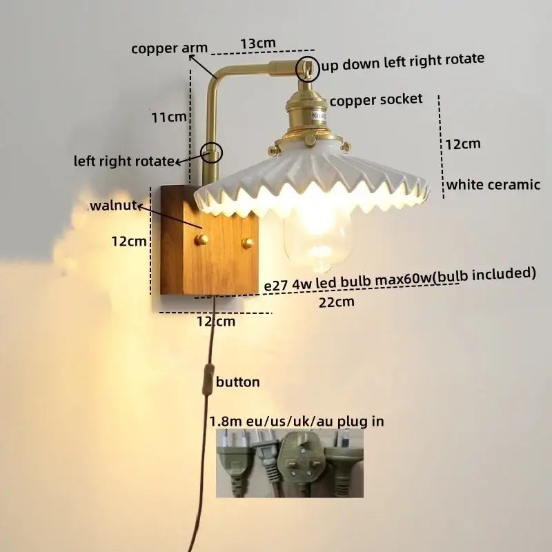 Vintage brass and ceramic led wall lights with white scalloped ceramic shade and walnut wood mounting plate for bedroom