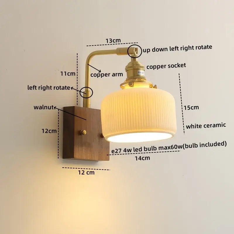 Vintage brass and ceramic led wall lights with a walnut wood base and white ridged ceramic shade for bedroom use