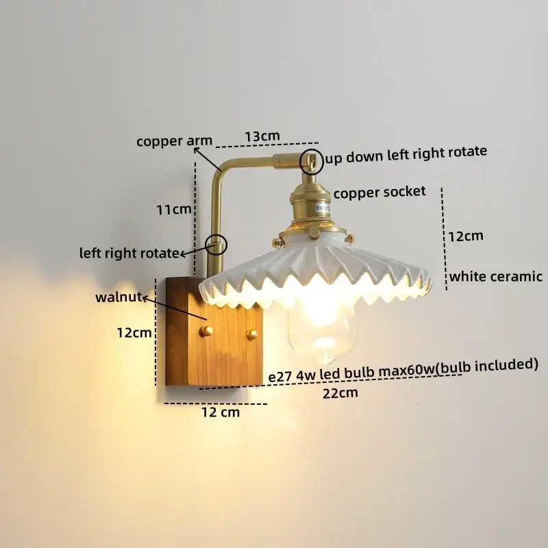 Vintage brass and ceramic led wall light with walnut wood base and white scalloped ceramic lampshade for bedroom use