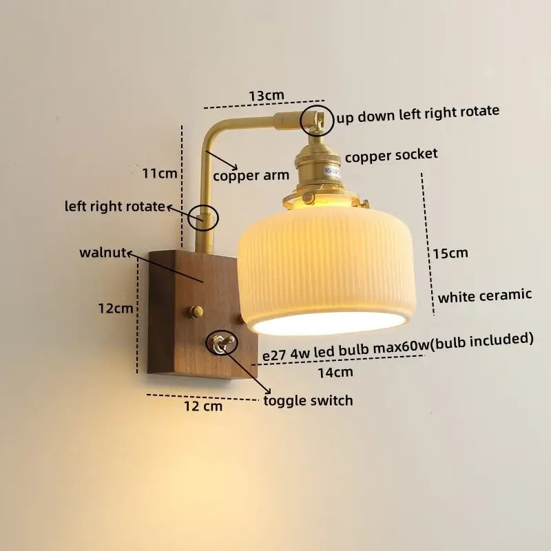 Vintage brass and ceramic led wall lights with walnut wood base and white ceramic led wall lampshade for bedroom use