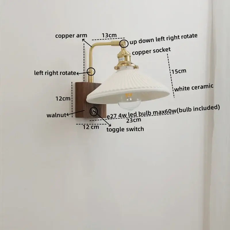 Vintage brass and ceramic led wall lights with walnut wood base and pull chain sconce for bedroom lighting