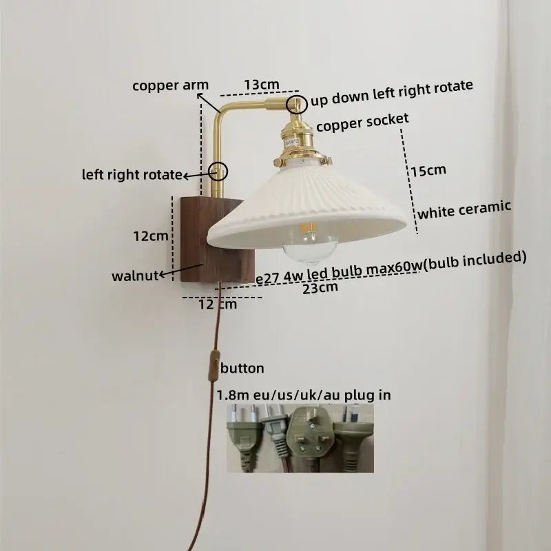 Vintage brass and ceramic led wall lights with white fluted ceramic shade and walnut wood base for bedroom use