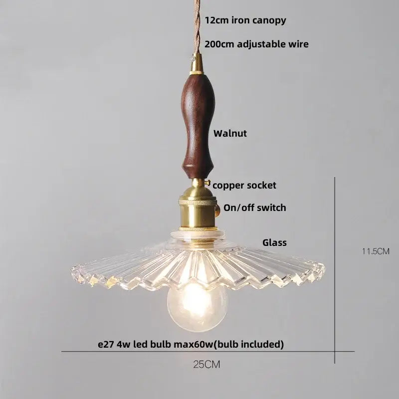 Vintage brass and clear glass led pendant light with dark walnut handle radial fluted shade decorbites clear glass decor
