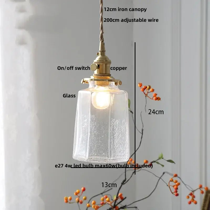 Vintage brass and clear glass led pendant light with faceted glass and brass-finished copper switch for kitchen decorbites clear glass