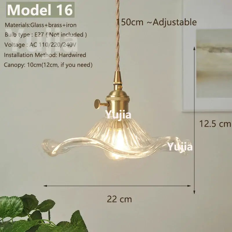 Vintage brass and clear glass pendant light with polished copper finish and adjustable cord for kitchen use