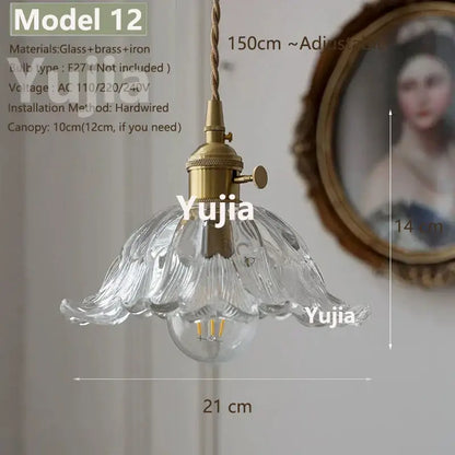 Vintage brass pendant light with clear glass floral shade and polished copper fixture with adjustable 150cm cord