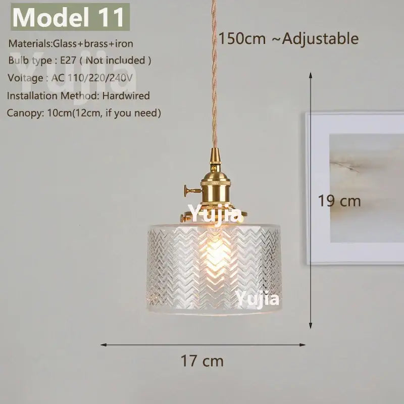Model 11 pendant light with clear glass embossed chevron shade, vintage brass and iron hardware, and polished copper cord