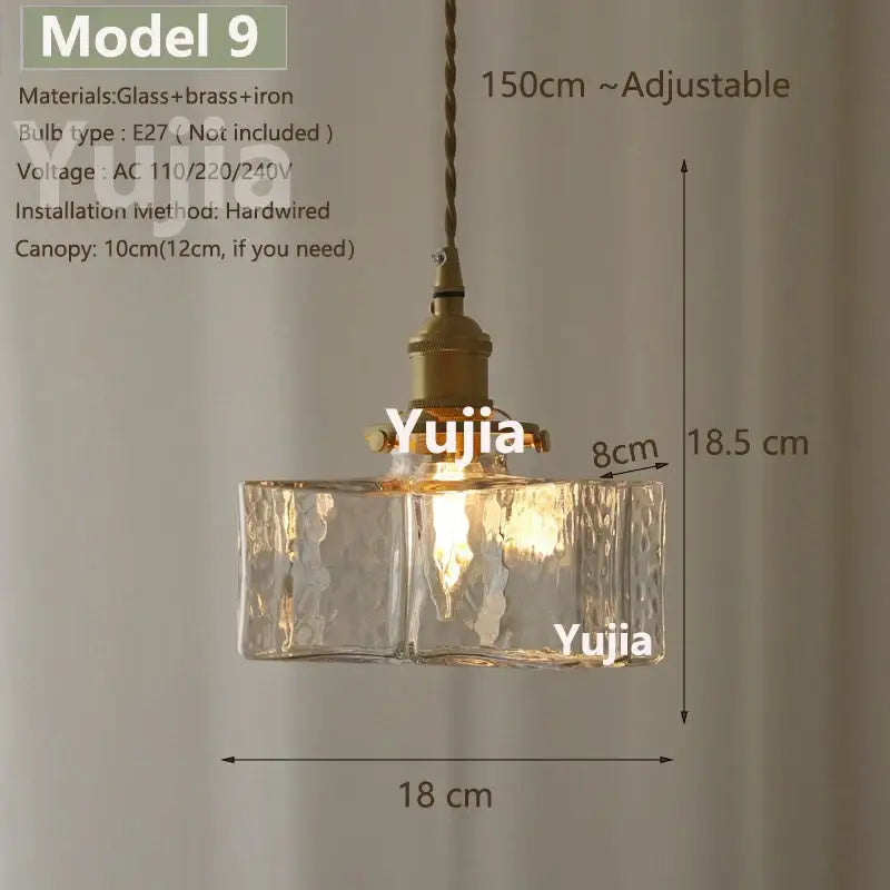 Yujia model 9 pendant light with textured clear glass shade and brass-finished metal hardware for vintage kitchen use