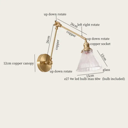 Adjustable copper wall sconce with textured glass shade featuring decorbites cream resin led bedroom light design