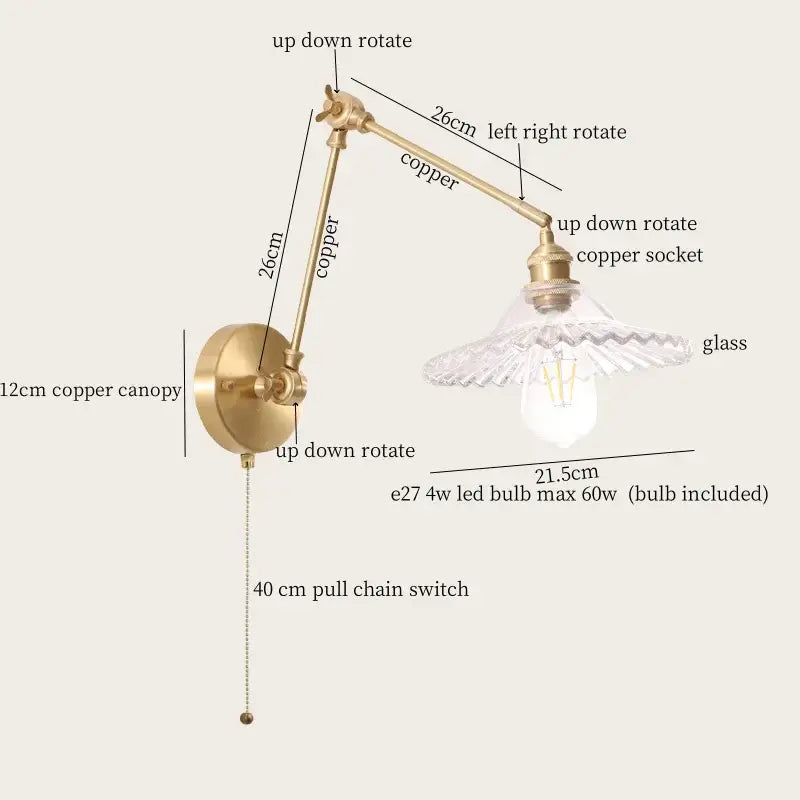 Adjustable vintage brass and cream resin led wall sconce with copper arm clear glass shade and included led bulb for decorbites cream resin lighting