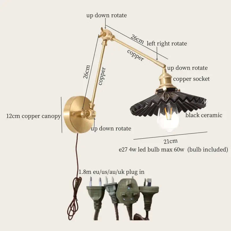 Adjustable copper wall sconce with black ceramic shade and included led bulb for vintage brass and cream resin led decorbites cream resin wall lighting