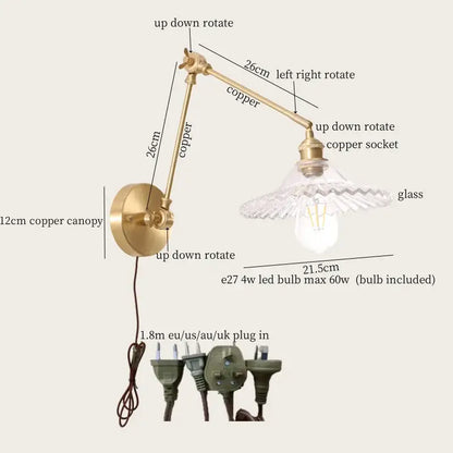 Adjustable vintage brass and cream resin led wall sconce with copper arm clear glass shade and included led bulb by decorbites cream resin
