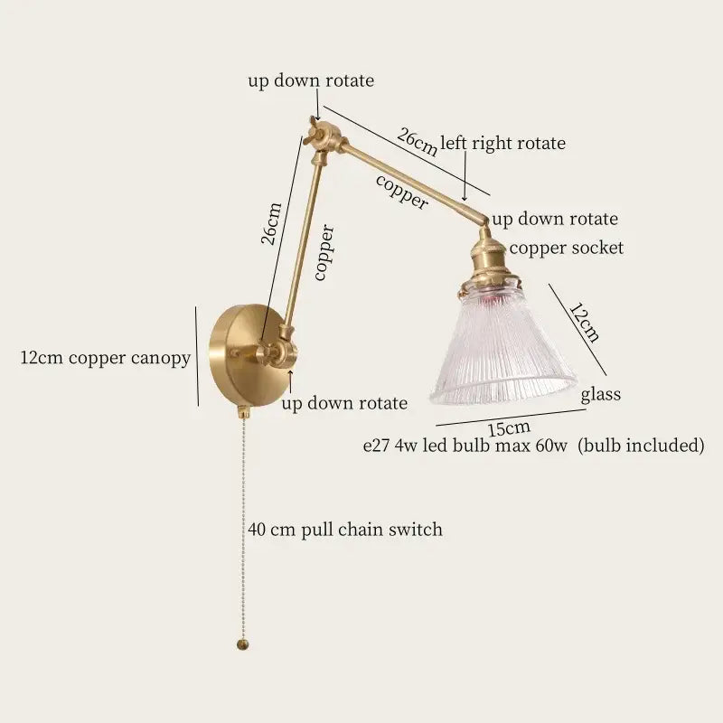 Adjustable copper wall sconce with clear glass shade featuring decorbites cream resin led elements for bedroom lighting