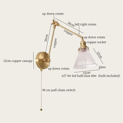 Adjustable copper wall sconce with clear glass shade featuring decorbites cream resin led elements for bedroom lighting