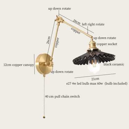 Vintage brass and decorbites cream resin led wall sconce with copper adjustable arm and black ceramic shade with led bulb