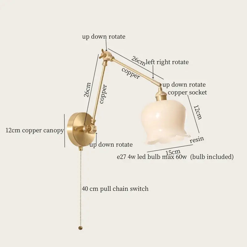Vintage brass and copper adjustable wall sconce with cream resin led lampshade for bedroom decorbites cream resin