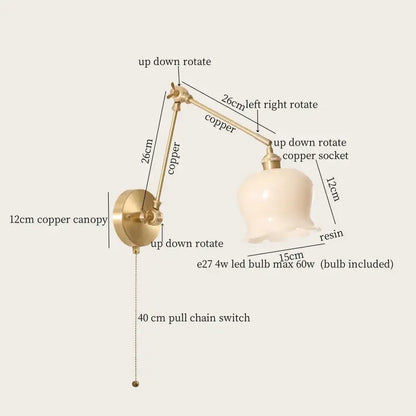 Vintage brass and copper adjustable wall sconce with cream resin led lampshade for bedroom decorbites cream resin