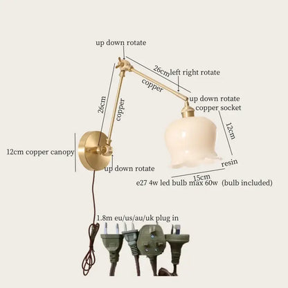Vintage brass and copper adjustable wall sconce with cream resin led lampshade for bedroom decorbites cream resin light