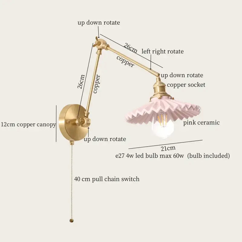 Vintage brass and cream resin led wall sconce with a delicate pink ceramic lampshade and adjustable copper arm for bedroom decorbites cream resin lighting