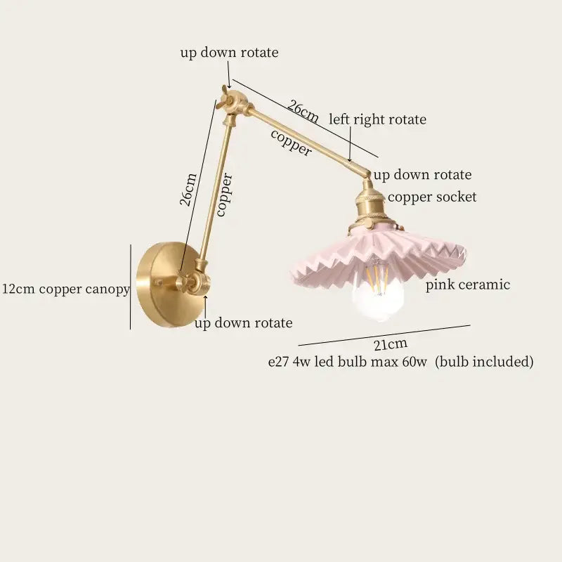 Vintage brass and decorbites cream resin led wall sconce with pink ceramic scalloped lampshade and adjustable copper arm